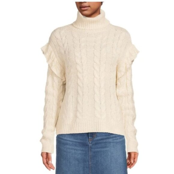 Joe’s Jeans Cable Knit Ruffle Sleeve Turtleneck Sweater Cream Ivory M - Picture 1 of 11